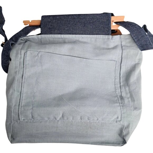 Handcrafted Denim Tote Bag With Wooden Handles & Southwestern Patterned Pockets - Picture 6 of 8
